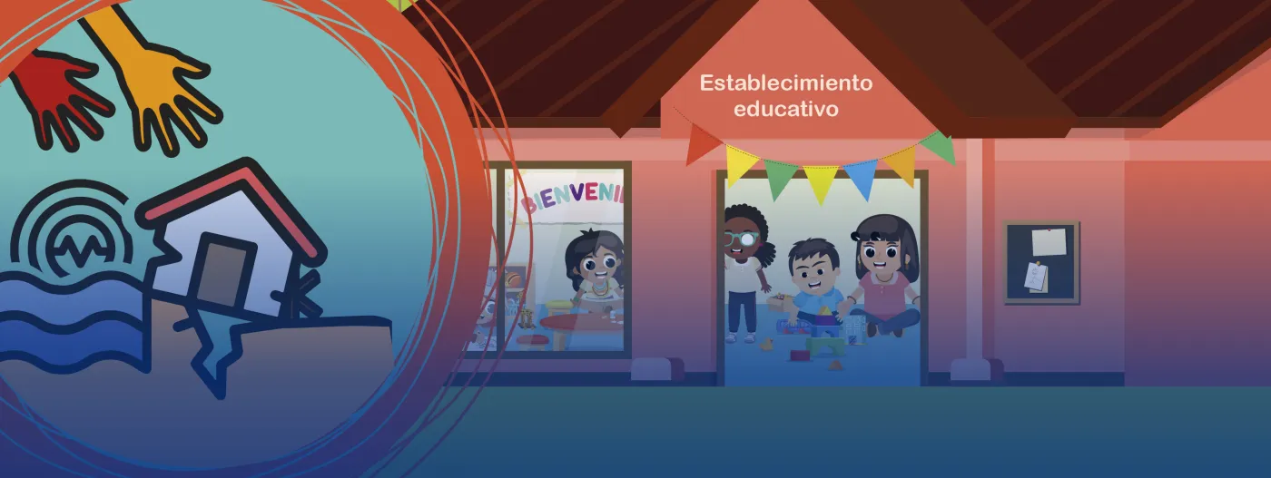 Niños mirando desde una puerta  en el centro de la imagen y al lado izquierdo, imagen de una casa y manos en movimiento