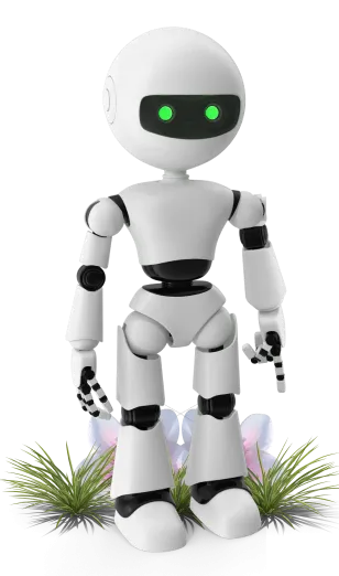 Edubot en armonía con la naturaleza Robot blanco con ojos verdes en un entorno natural, de pie sobre césped con flores