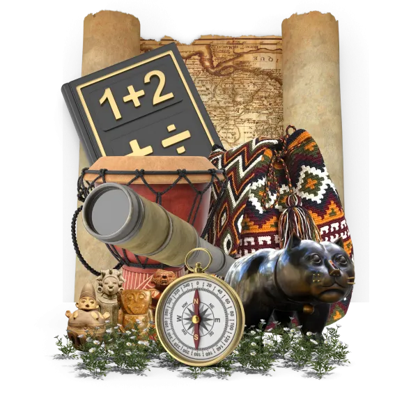Una composición con objetos culturales y educativos que incluye un tambor, un libro de matemáticas, un mapa antiguo, una mochila tejida, una brújula, un telescopio, una figura de jaguar y estatuillas pequeñas, rodeados de plantas. Crea contenido