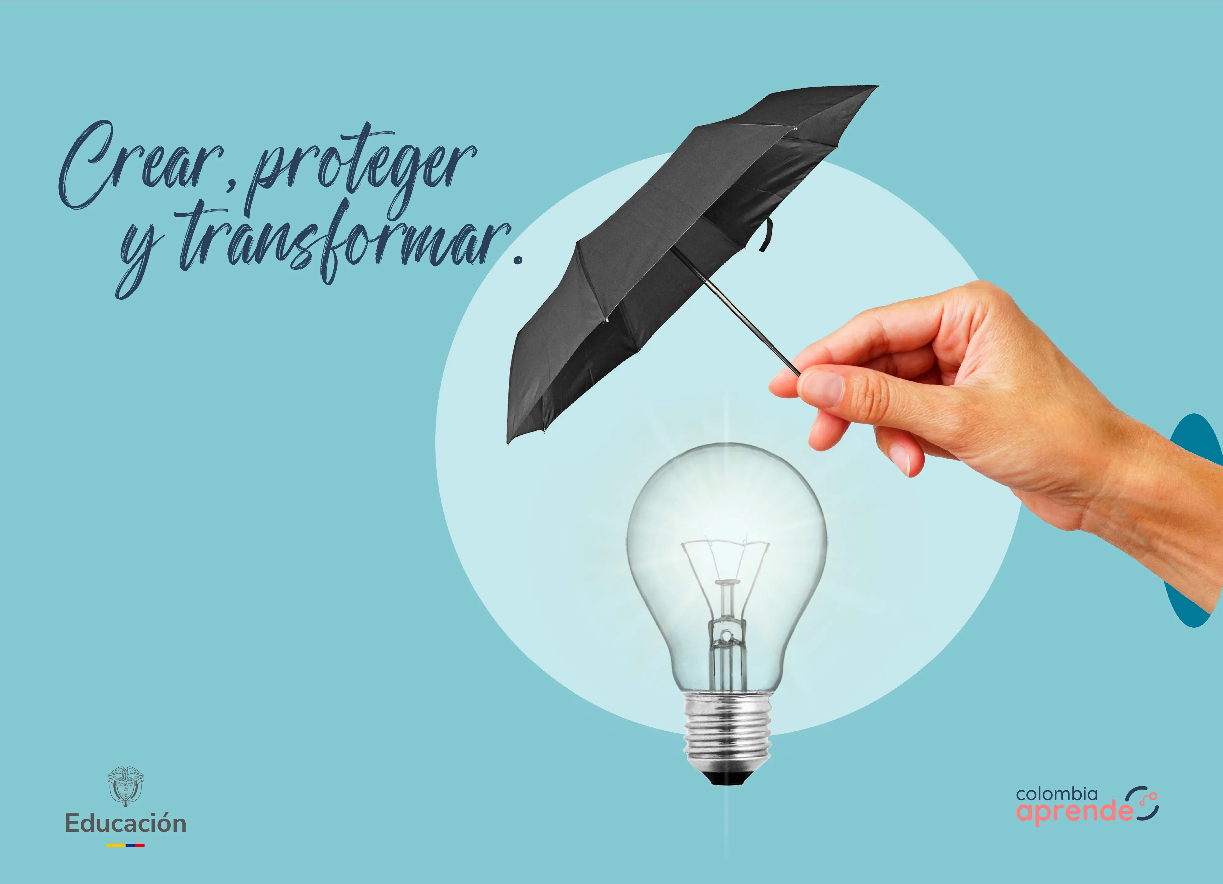 Fotografía principal del contenido Imagen de una sombrilla protegiendo un Bombillo, hace alusión a proteger las ideas. Aprece El titulo de la nota: Crear, proteger y transformar