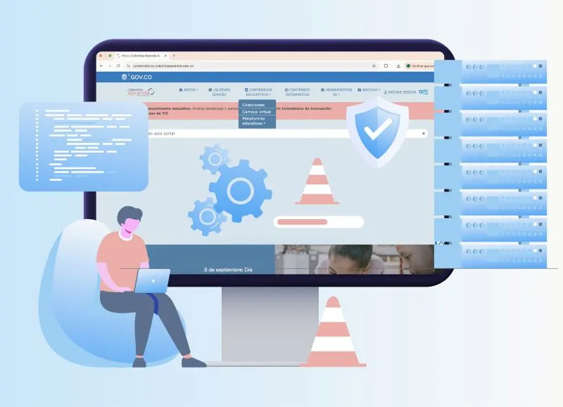 Imagen grafica de un computador con la pantalla del Portal, con la señal de mantenimiento en forma de conos de carretera. Una persona trabaja cerca.