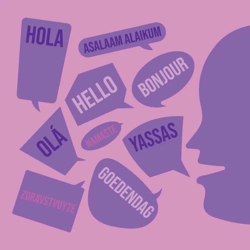Imagen de cara de perfil diciendo "Hola" en 9 idiomas