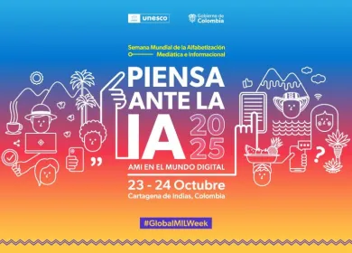 Afiche del evento de la Semana Mundial de la Alfabetización Mediática e Informacional-AMI, “Piensa ante la Inteligencia Artificial- IA 2025.  AMI en el mundo digital”