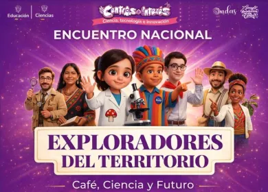 Imagenes de niños y adultos, con microscopio y trajes típicos. La frase Encuentro Nacional Exploradores del Territorio. Café, Ciencia y Futuro